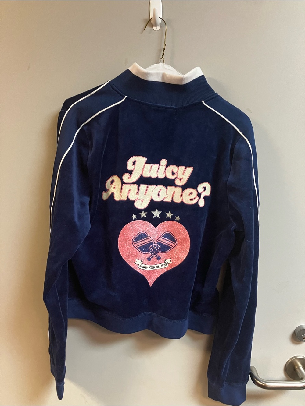Juicy Couture Navy Velour Track Jacket with Pink Heart Graphic